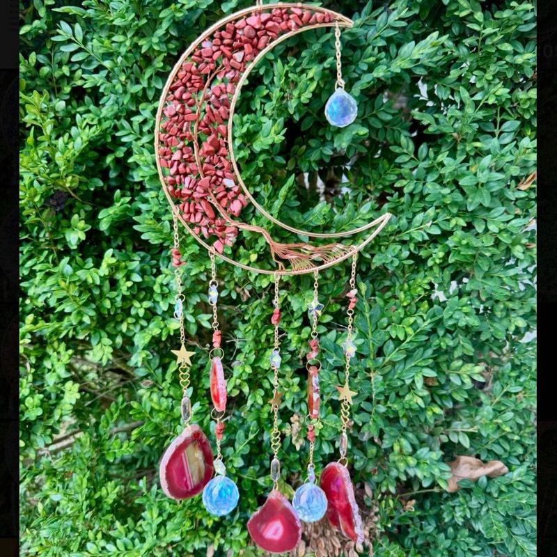 Crystal Crescent Moon Wire Wrapped Sun Catchers| Crystal Chips| Agate Slabs| Sun Catcher Pendants