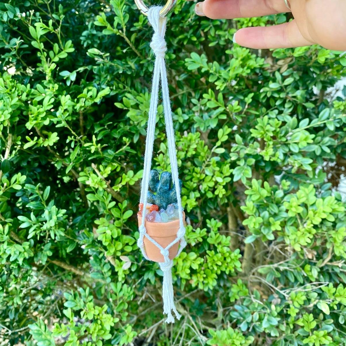 Macrame Crystal Cactus Rear View Car Hanger| Hand Made| Crystals