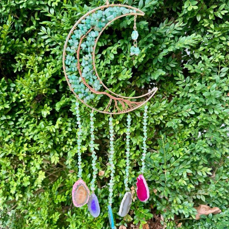 Crystal Crescent Moon Wire Wrapped Sun Catchers| Crystal Chips| Agate Slabs| Sun Catcher Pendants