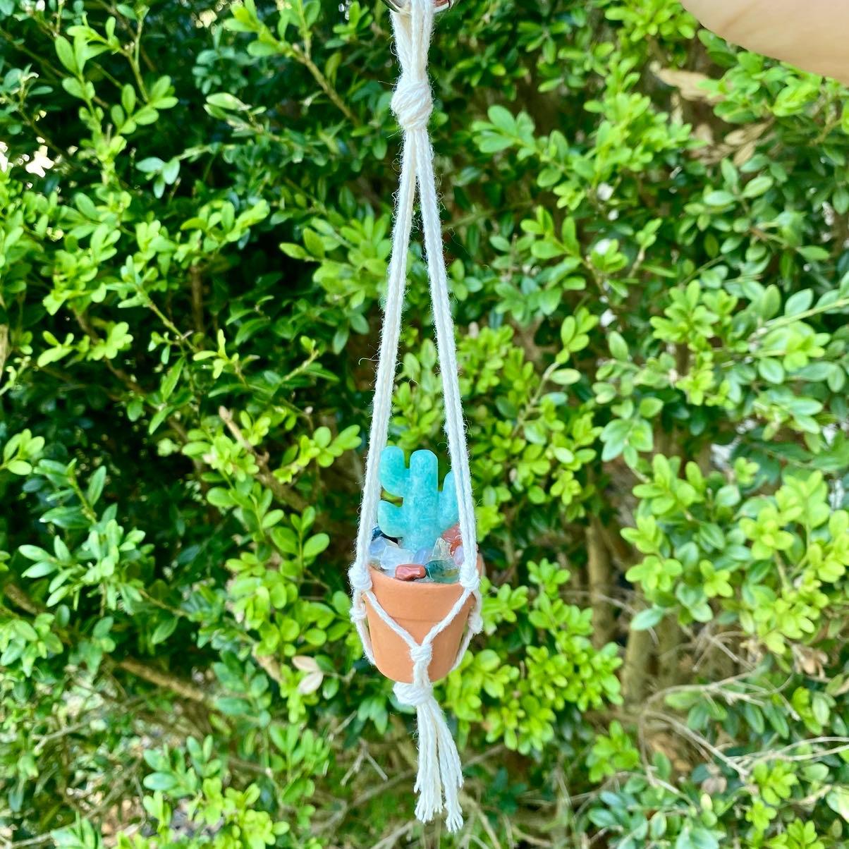 Macrame Crystal Cactus Rear View Car Hanger| Hand Made| Crystals