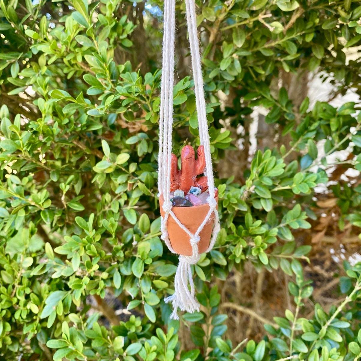 Macrame Crystal Cactus Rear View Car Hanger| Hand Made| Crystals