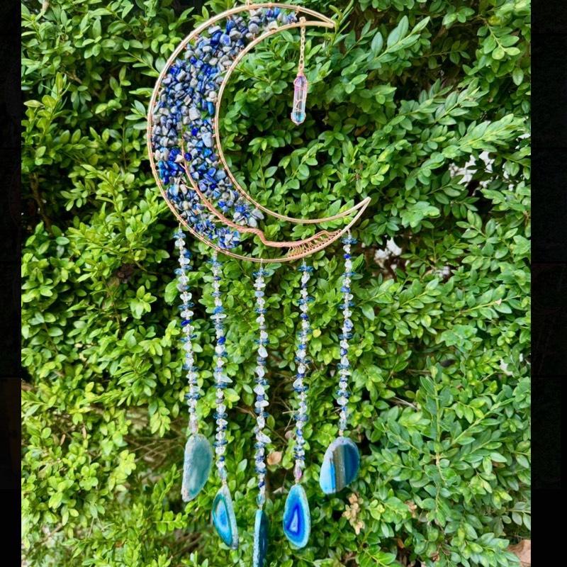 Crystal Crescent Moon Wire Wrapped Sun Catchers| Crystal Chips| Agate Slabs| Sun Catcher Pendants
