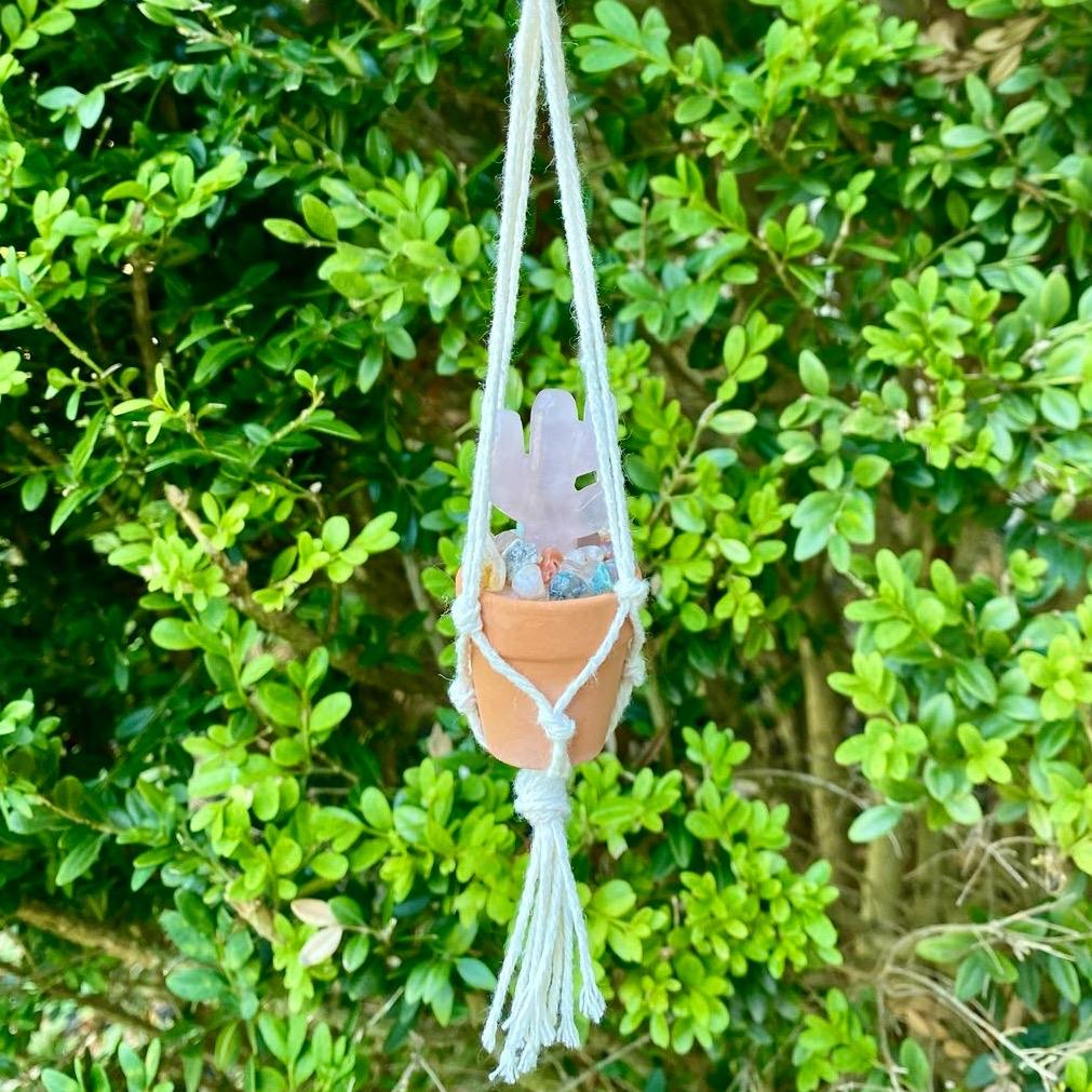 Macrame Crystal Cactus Rear View Car Hanger| Hand Made| Crystals