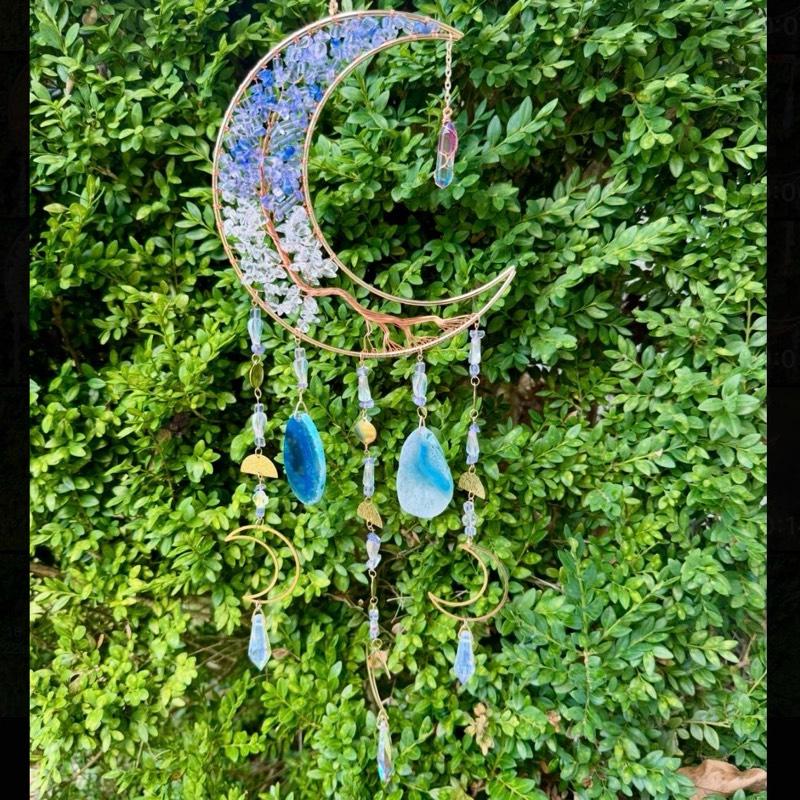 Crystal Crescent Moon Wire Wrapped Sun Catchers| Crystal Chips| Agate Slabs| Sun Catcher Pendants