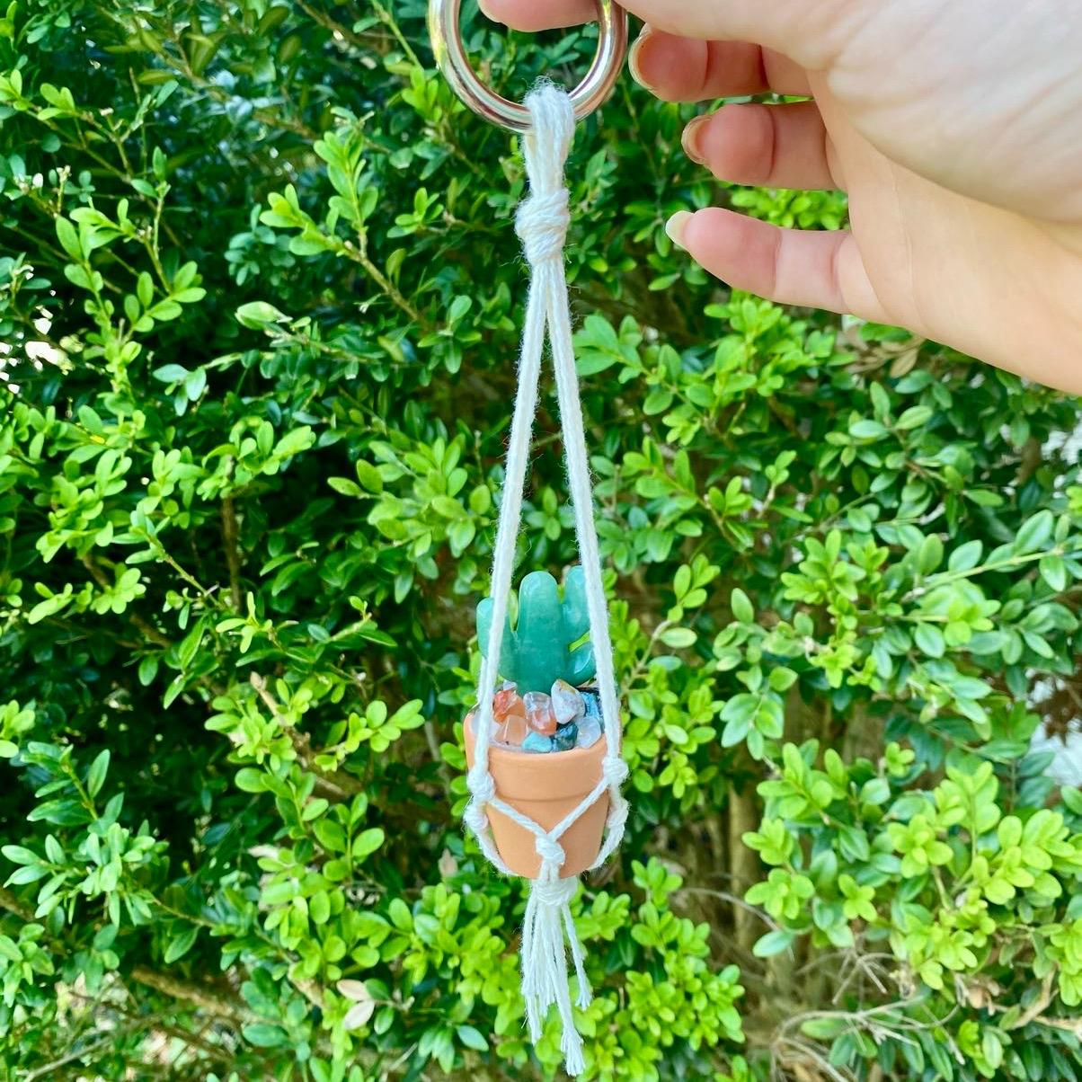 Macrame Crystal Cactus Rear View Car Hanger| Hand Made| Crystals