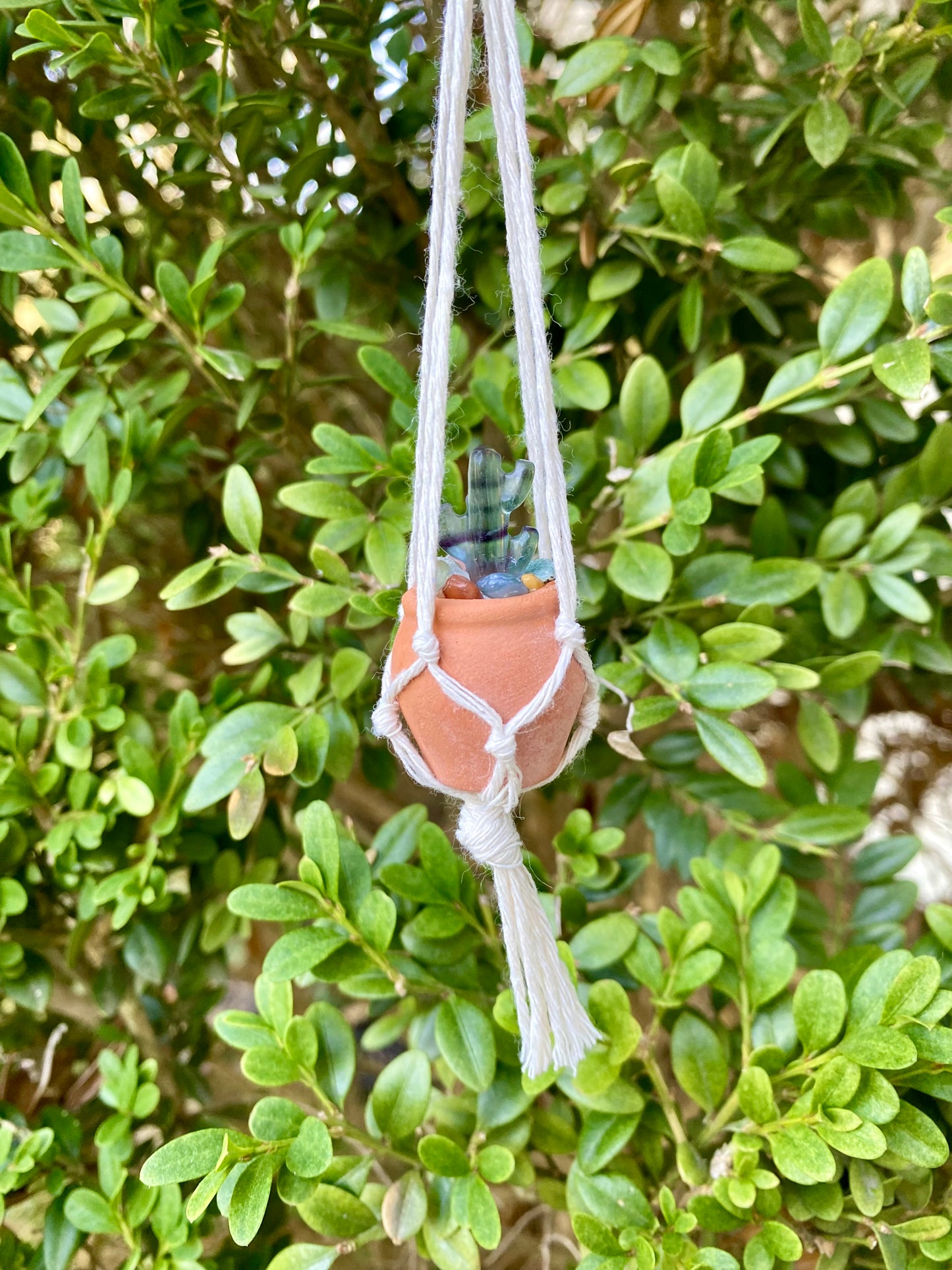 Mini Fluorite Cactus Macrame Rear View Mirror Plant Hanger | Rainbow Fluorite Cactus