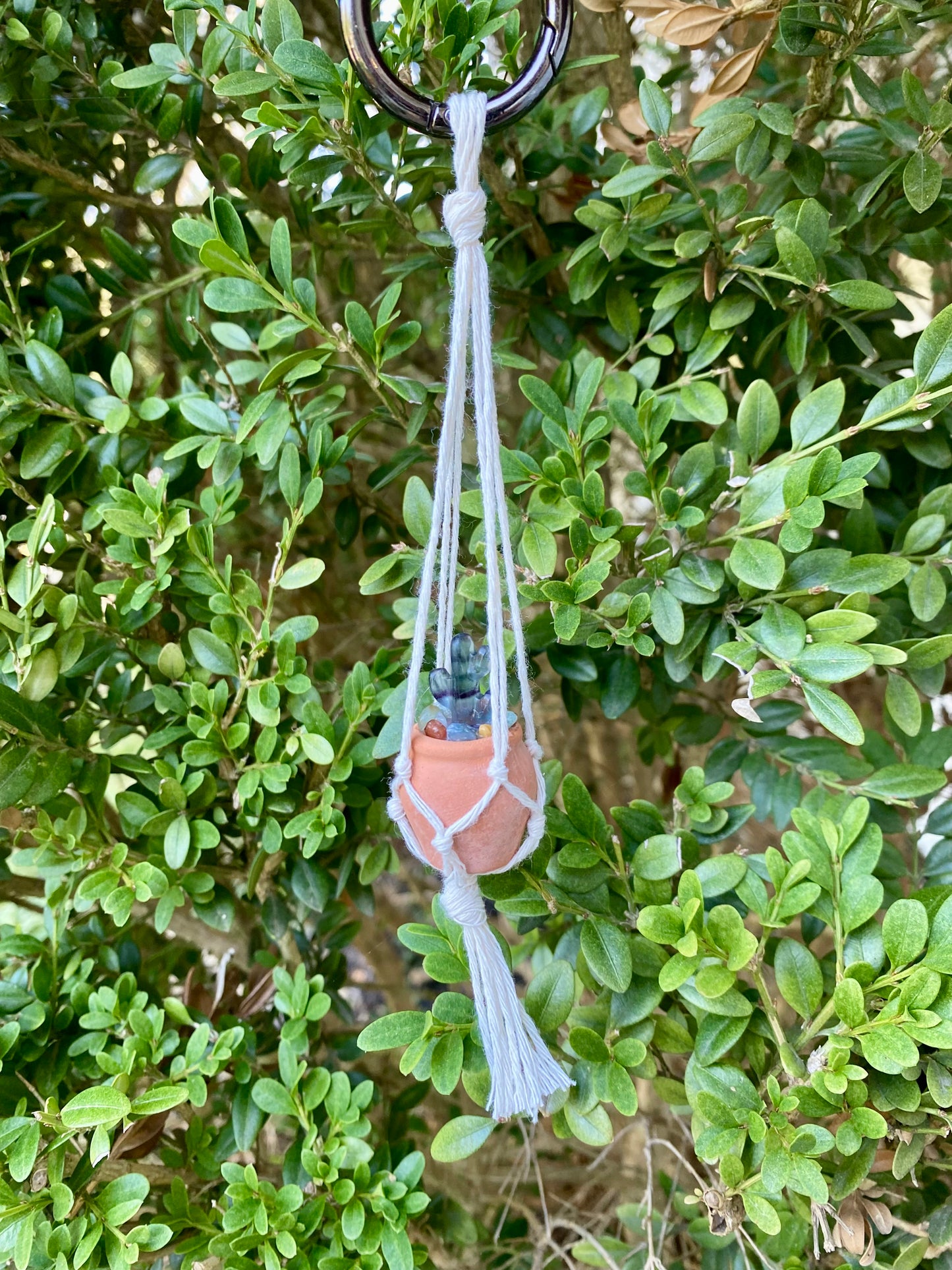 Mini Fluorite Cactus Macrame Rear View Mirror Plant Hanger | Rainbow Fluorite Cactus