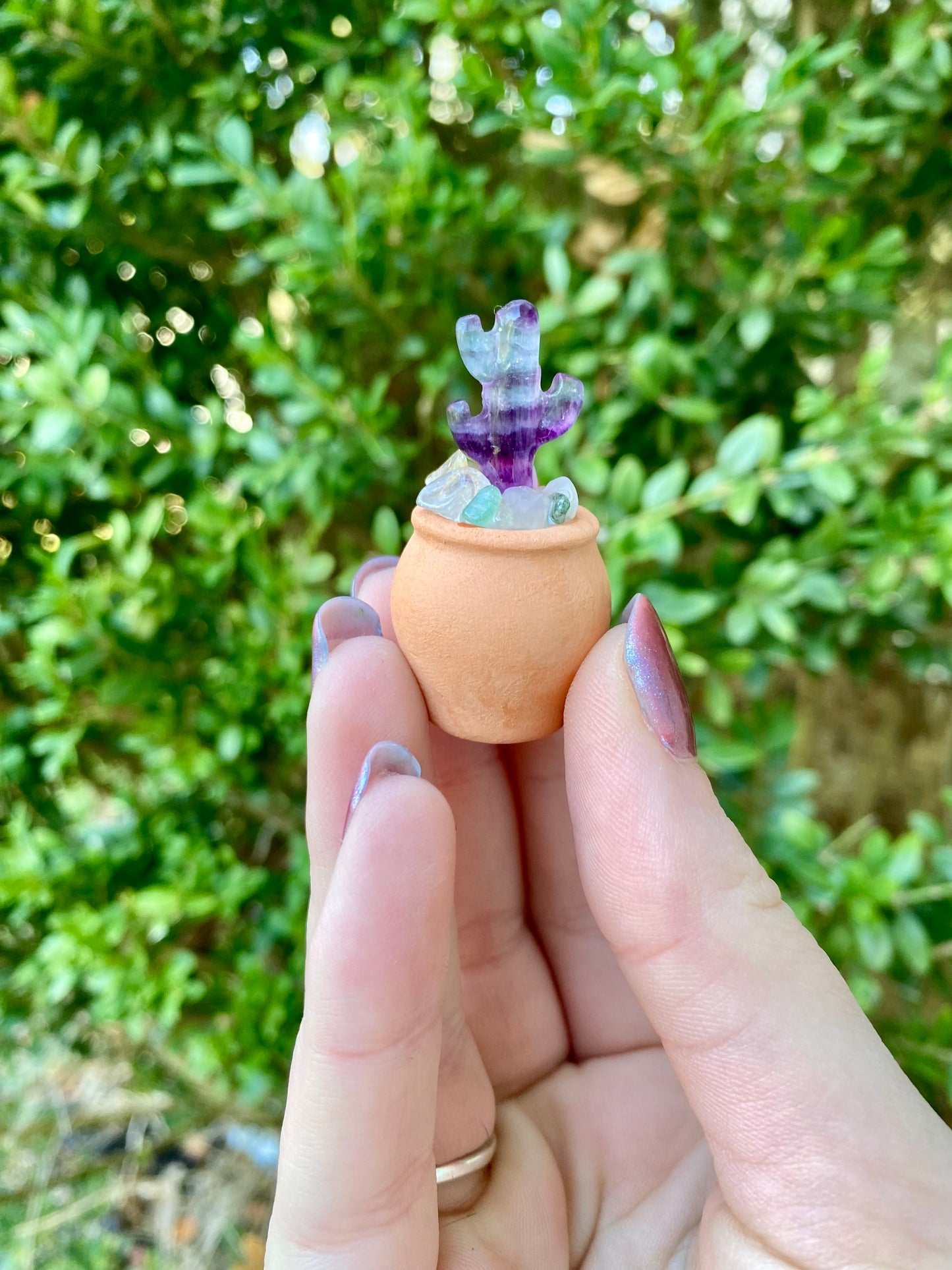 Mini Fluorite Cactus Macrame Rear View Mirror Plant Hanger | Rainbow Fluorite Cactus