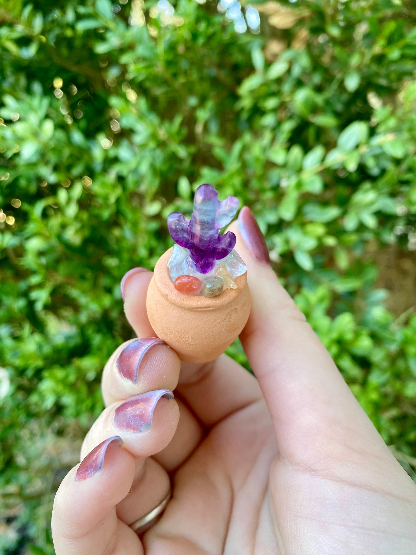 Mini Fluorite Cactus Macrame Rear View Mirror Plant Hanger | Rainbow Fluorite Cactus