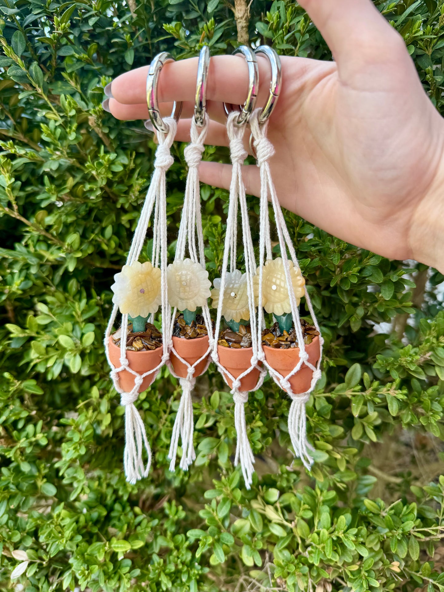 Crystal Sunflower Plant Macrame Hanger| Yellow Aventurine Flower| Green Aventurine Stem| Tigers Eye Dirt