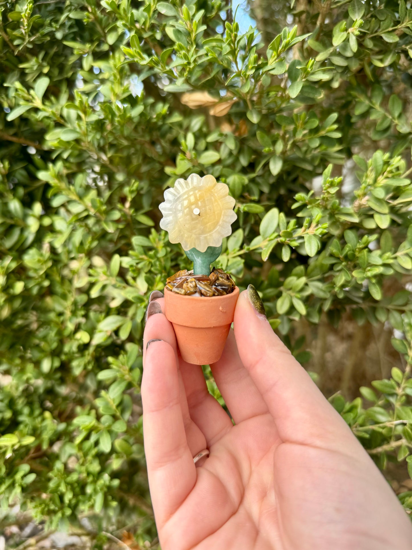 Crystal Sunflower Plant Macrame Hanger| Yellow Aventurine Flower| Green Aventurine Stem| Tigers Eye Dirt
