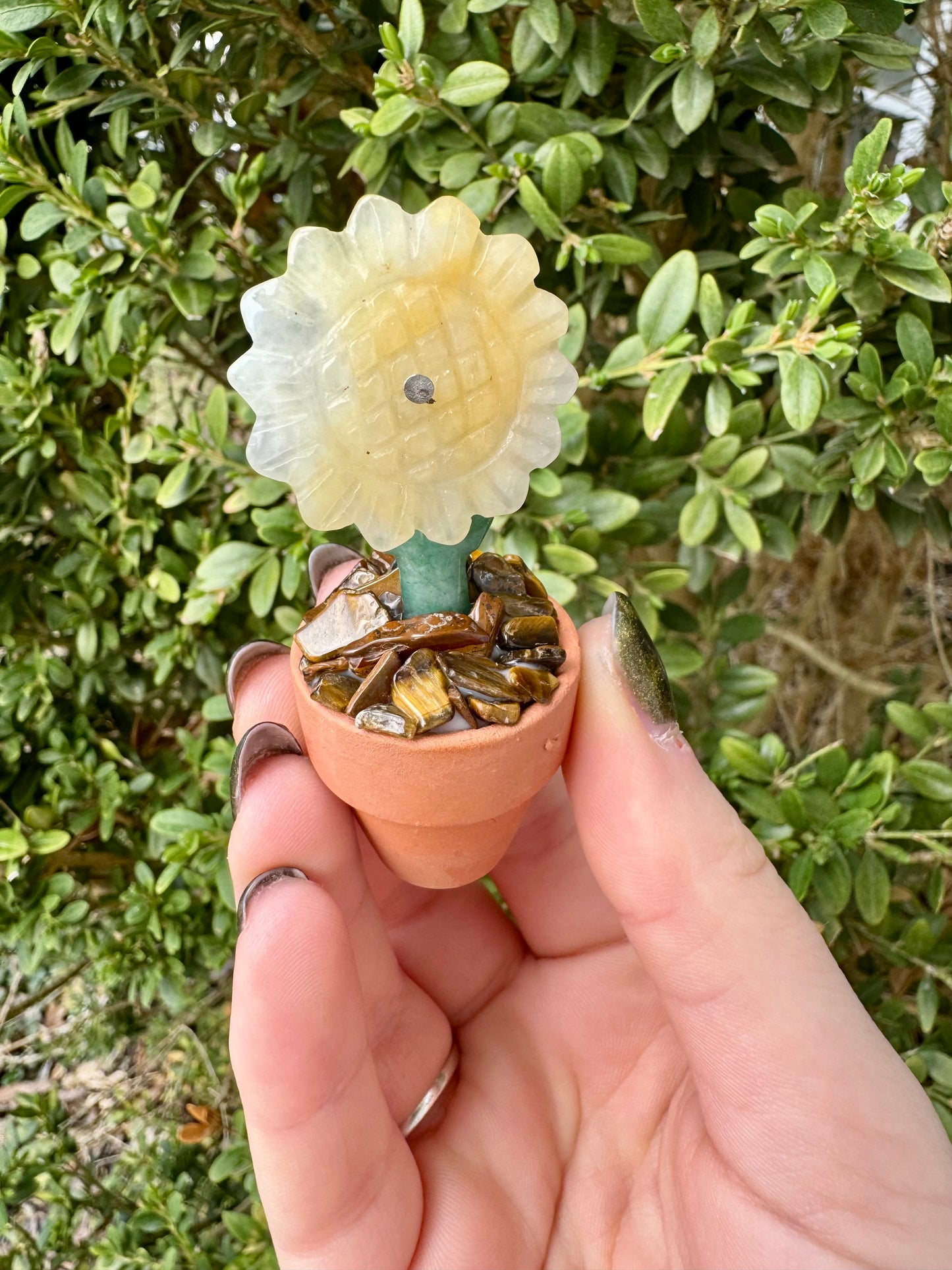 Crystal Sunflower Plant Macrame Hanger| Yellow Aventurine Flower| Green Aventurine Stem| Tigers Eye Dirt