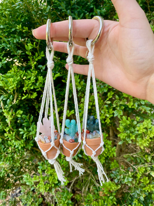 Macrame Crystal Cactus Rear View Car Hanger| Hand Made| Crystals