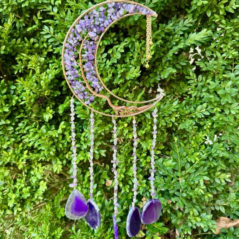 Crystal Crescent Moon Wire Wrapped Sun Catchers| Crystal Chips| Agate Slabs| Sun Catcher Pendants