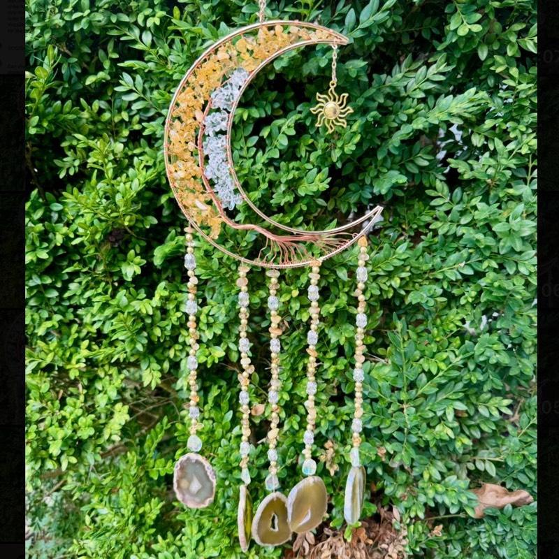 Crystal Crescent Moon Wire Wrapped Sun Catchers| Crystal Chips| Agate Slabs| Sun Catcher Pendants