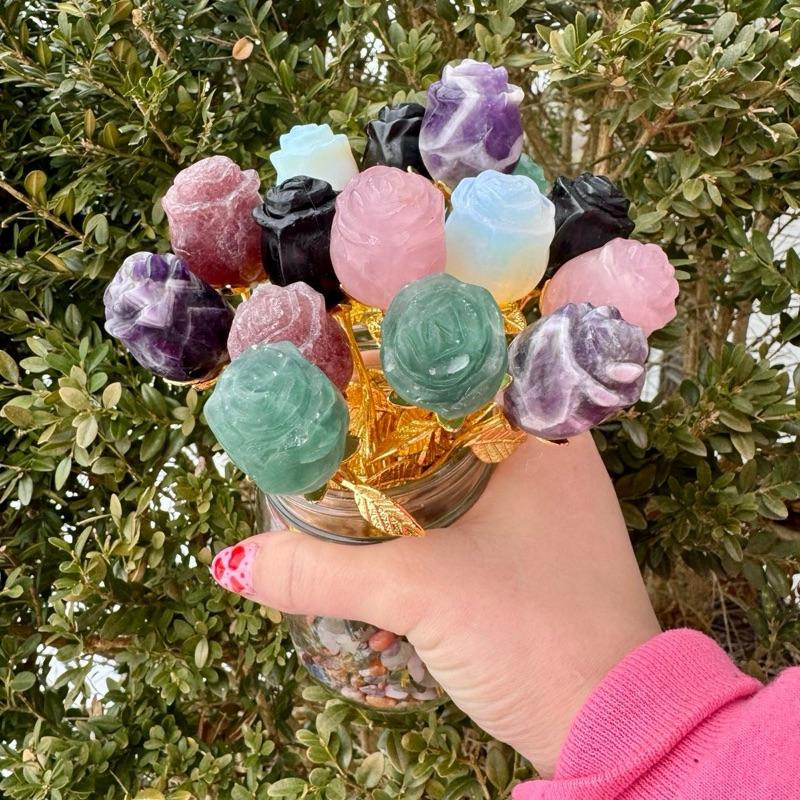 One Crystal Rose Carvings With Metal Stem