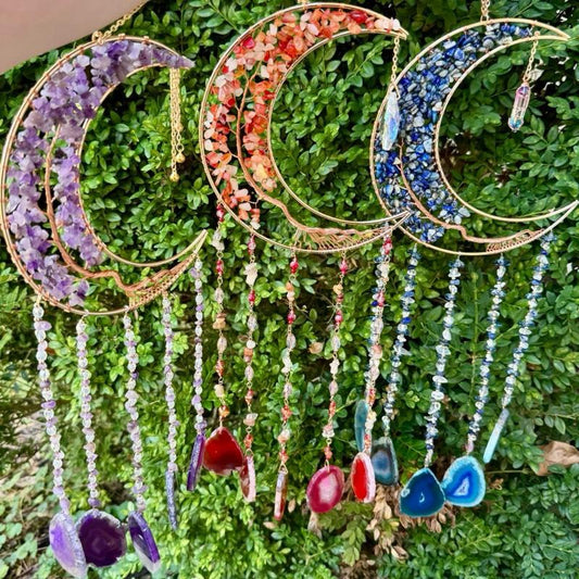 Crystal Crescent Moon Wire Wrapped Sun Catchers| Crystal Chips| Agate Slabs| Sun Catcher Pendants