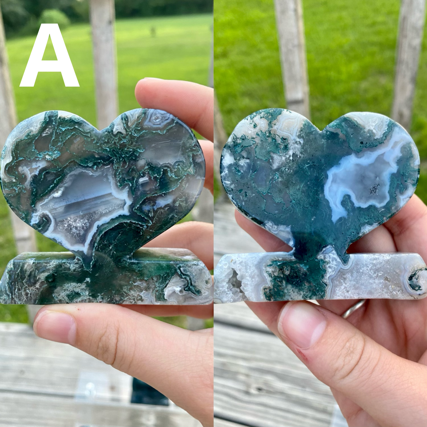 Moss Agate Heart Stand Carvings