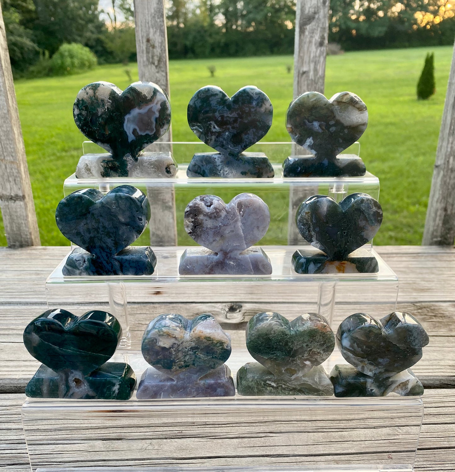 Moss Agate Heart Stand Carvings